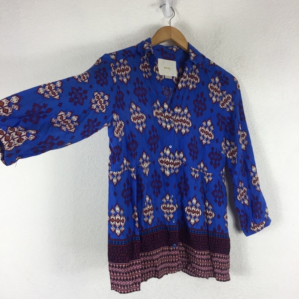 Anthropologie Maeve Woodland Walk Blue Boho Popover Button Top Size 8 - Picture 12 of 15